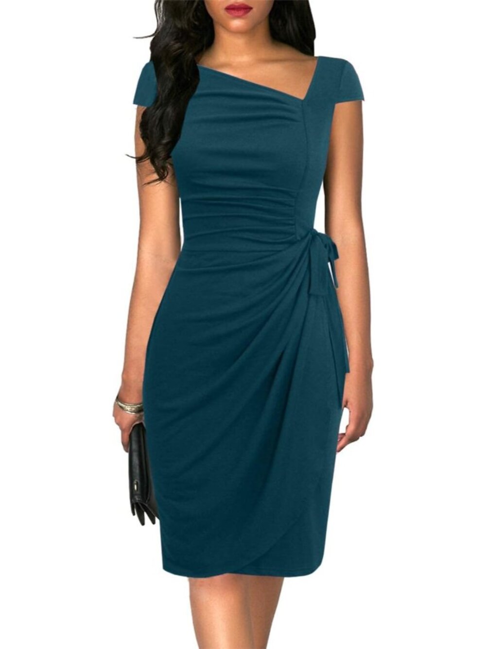 Women's Teal Vintage Cap Sleeves Asymmetrical Neckline Sheath Bodycon Dresses